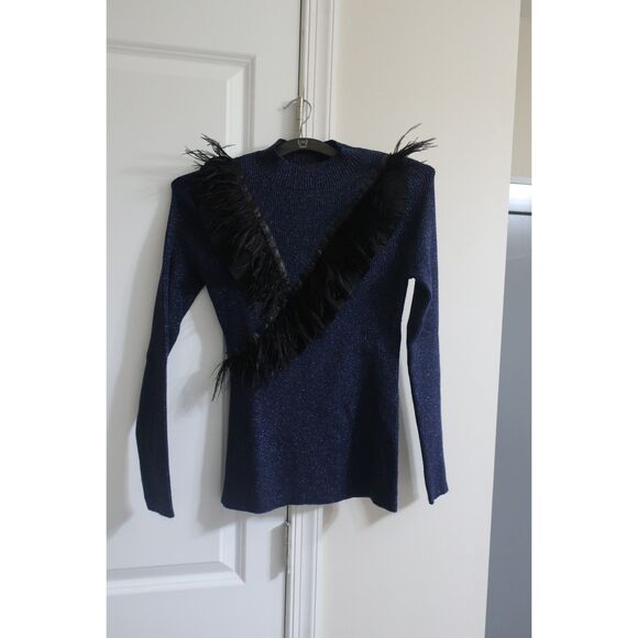 Navy Shimmer Ribbed Knit Sweater Feather Fringe Women Small Pristine Condition - Picture 2 of 7